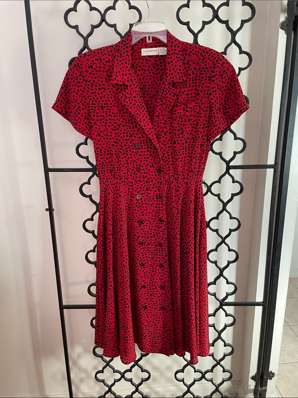 Liz Claiborne Red Short-Sleeve Button-Front Fit & Flare Dress with Black Print